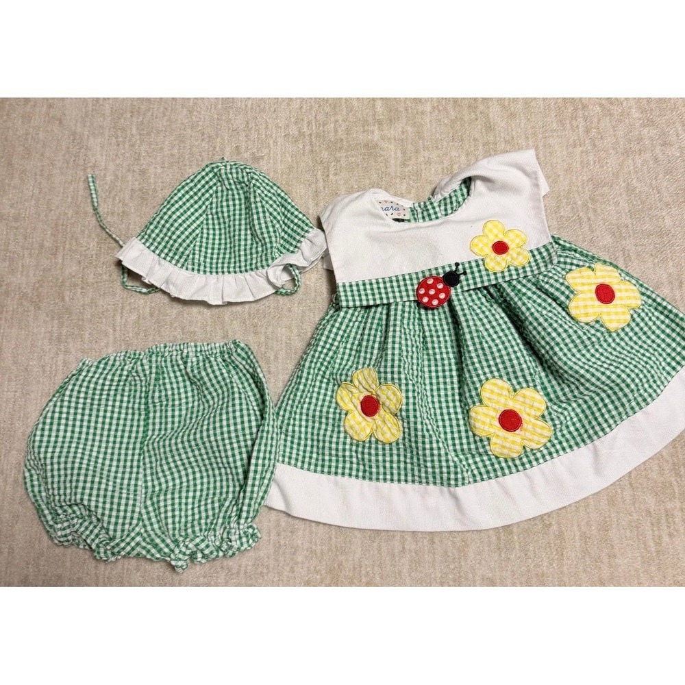 Samara Baby Girl 3/6M Green Gingham Ladybug Flower Dress Bloomer Hat Set